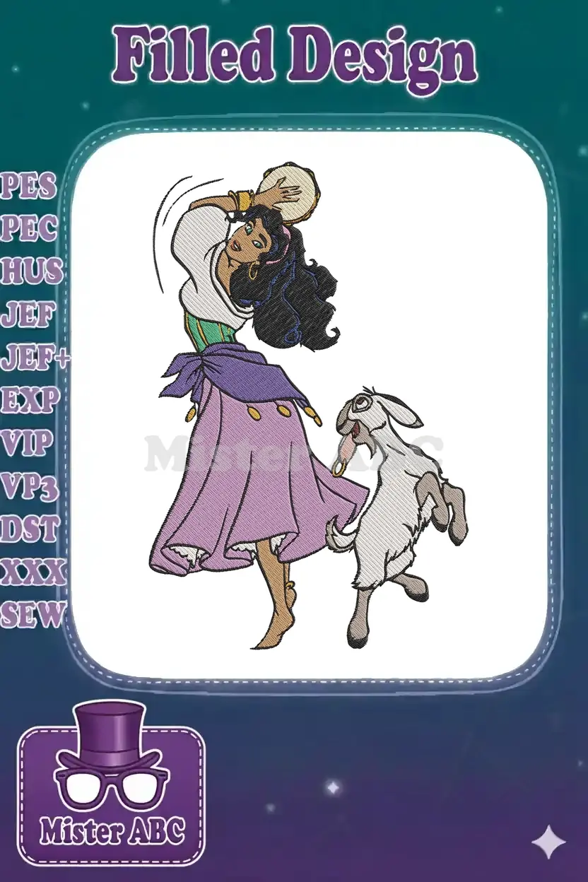 A captivating embroidery of Esmeralda from Hunchback of Notre Dame dancing with Djali, holding a tambourine.