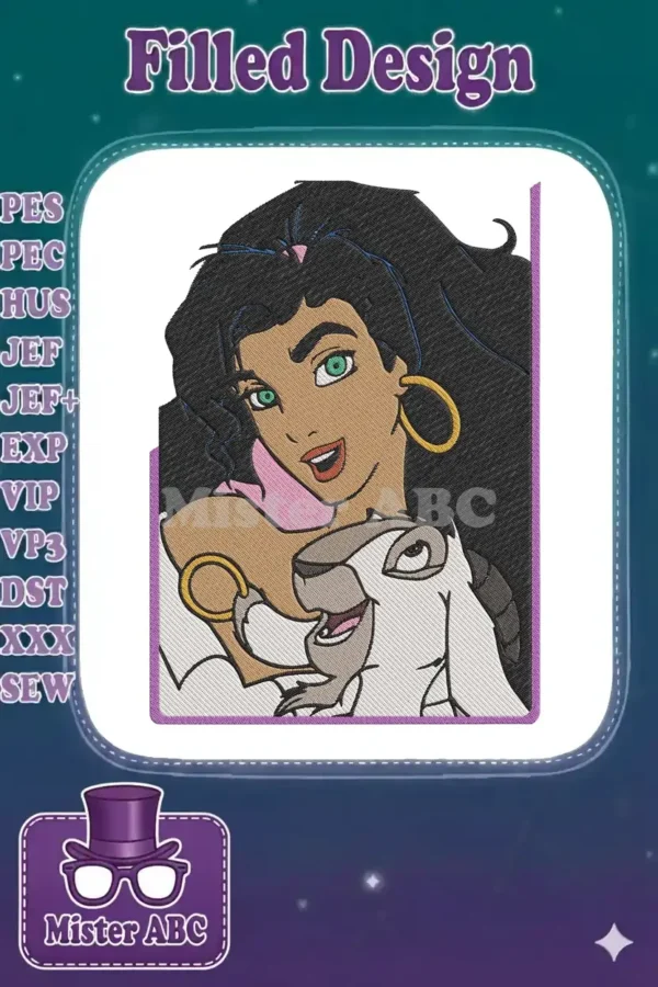 Close-up embroidery of Esmeralda from Disney's Hunchback of Notre Dame, with her goat Djali.