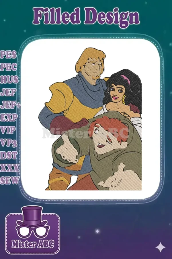 Embroidered design featuring Quasimodo, Esmeralda, and Captain Phoebus in a classic animated style.