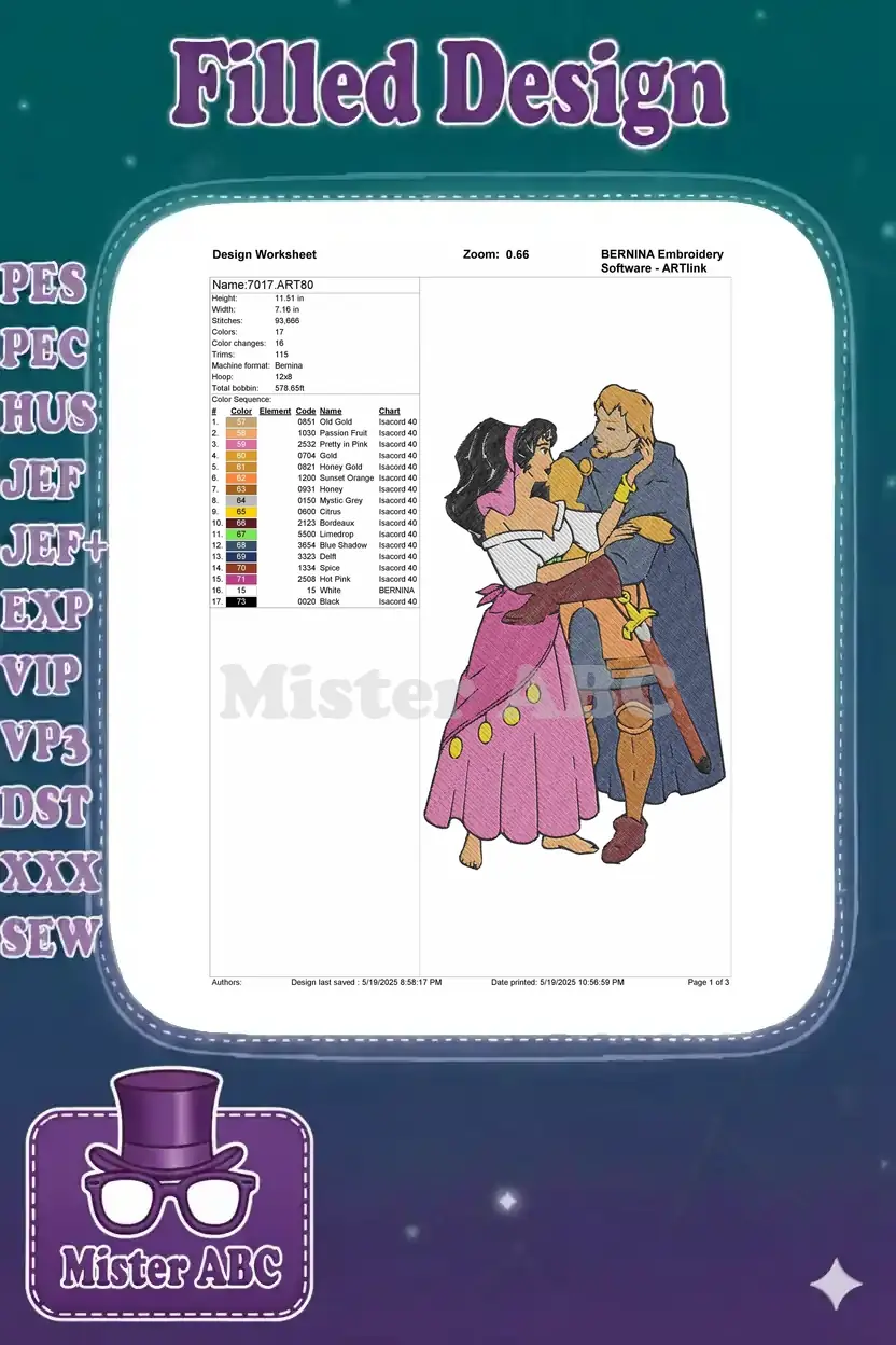 Embroidery design worksheet for '7017.ART80' showing technical specifications, thread colors, and dimensions.