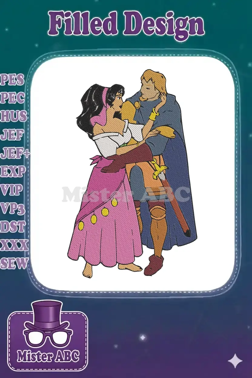 An enchanting embroidery design depicting Esmeralda and Phoebus in a loving embrace, rich with detail and color.
