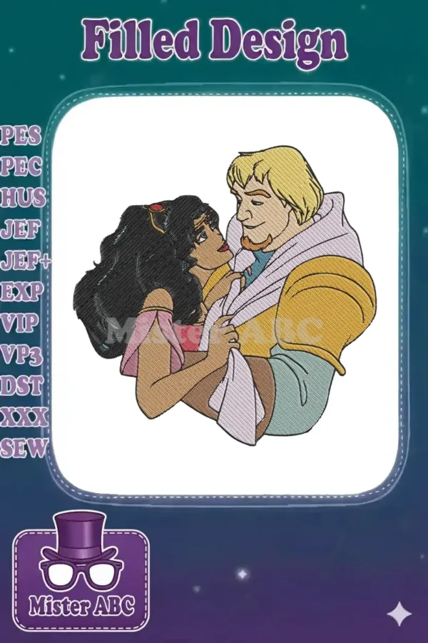 A vibrant embroidery design featuring Esmeralda and Phoebus in a tender embrace, showcasing intricate details and rich colors.