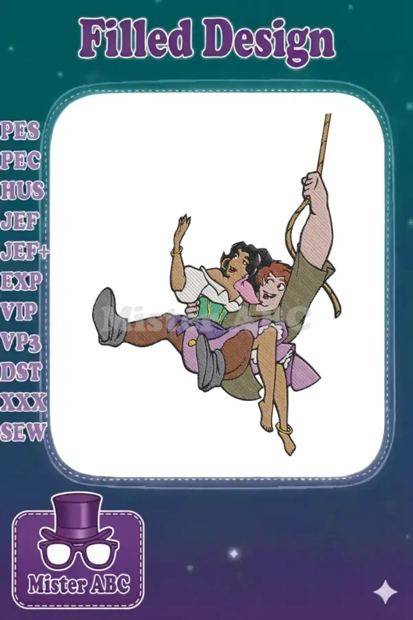 Esmeralda and Quasimodo on a rope swing, a vibrant embroidery design of the beloved Disney characters.