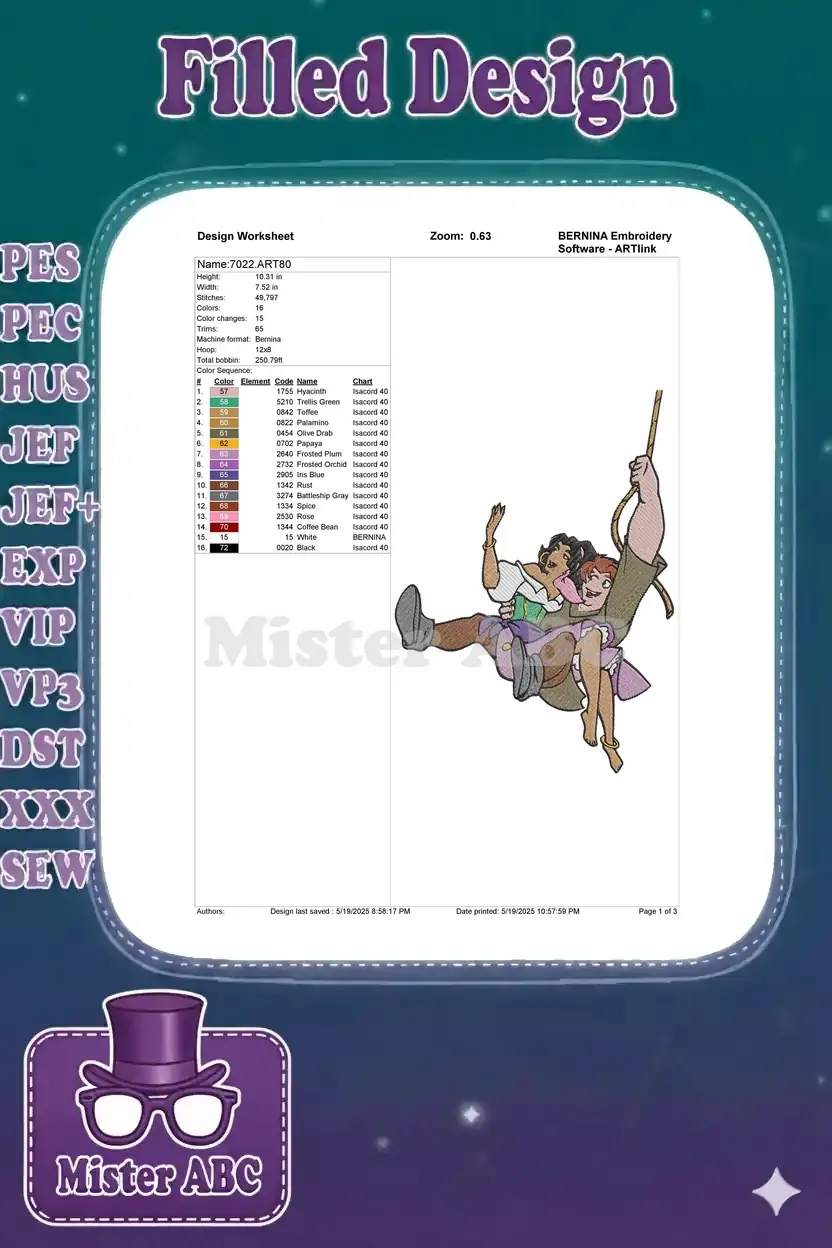 Embroidery design worksheet for '7022.ART80' showing dimensions, stitch count, colors, and thread details.
