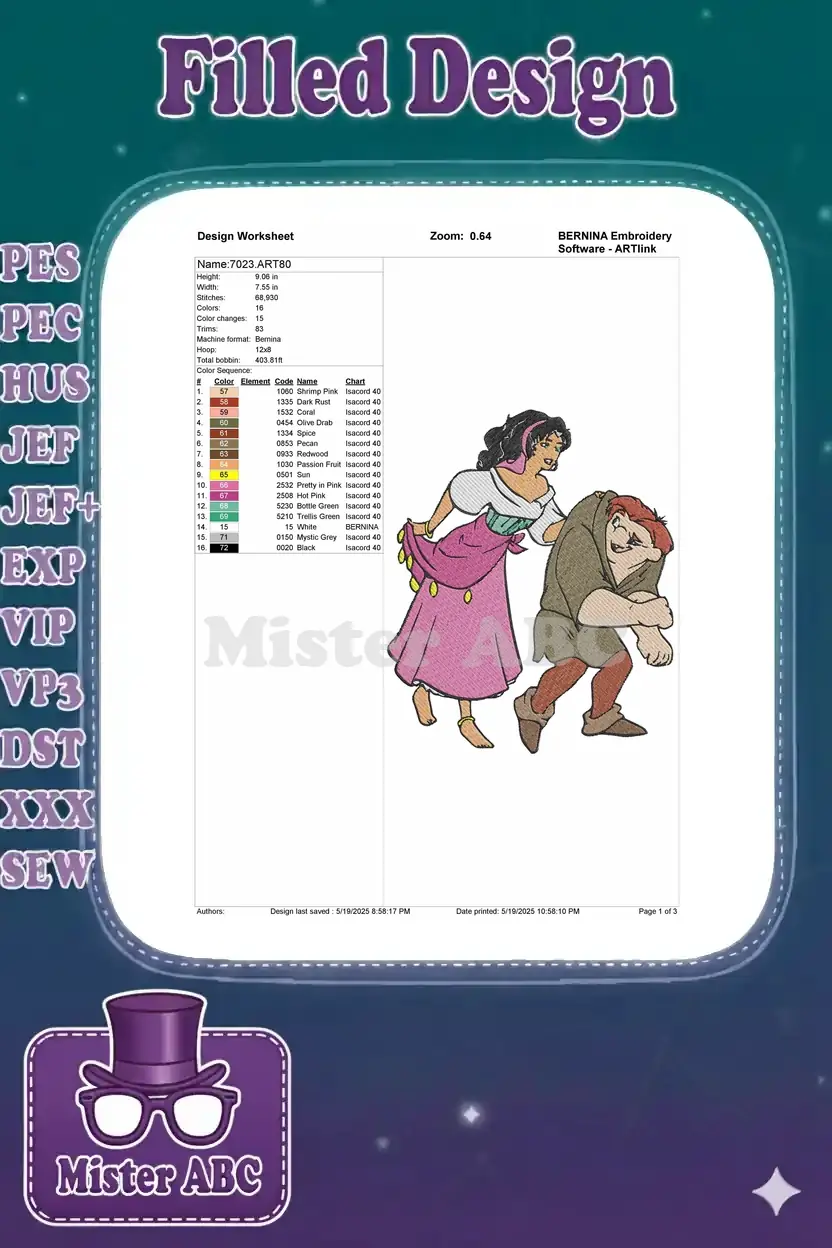 Embroidery design worksheet for Esmeralda and Quasimodo, showing dimensions, stitch count, and color chart.