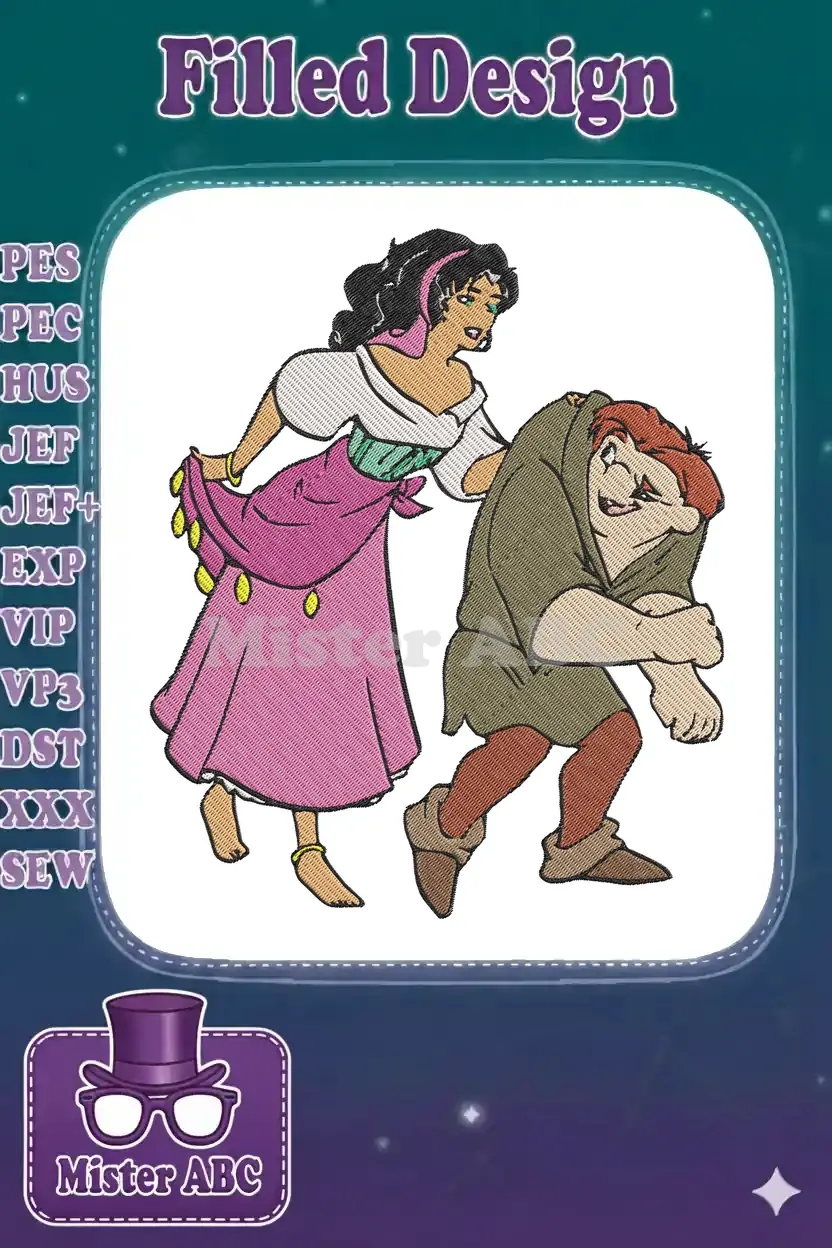 Vibrant embroidery design featuring Esmeralda in a pink dress and Quasimodo in green, detailed and lively.