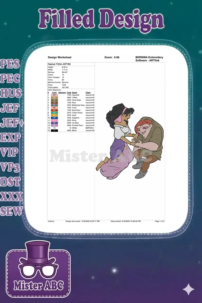 Embroidery design worksheet for Esmeralda and Quasimodo, detailing dimensions, stitch count, and color sequence.