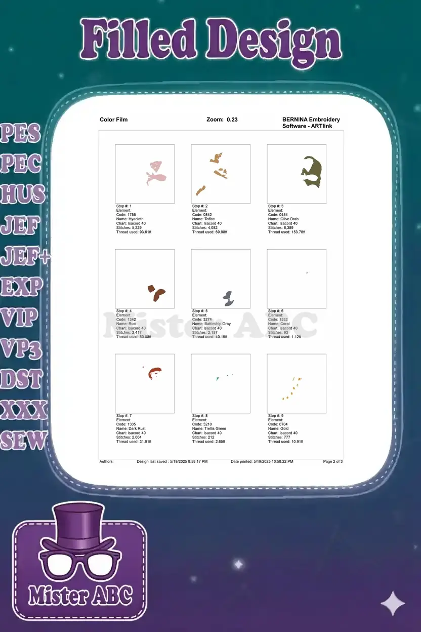 First page of the color film for Esmeralda and Quasimodo embroidery, showing initial color elements and stitch counts.