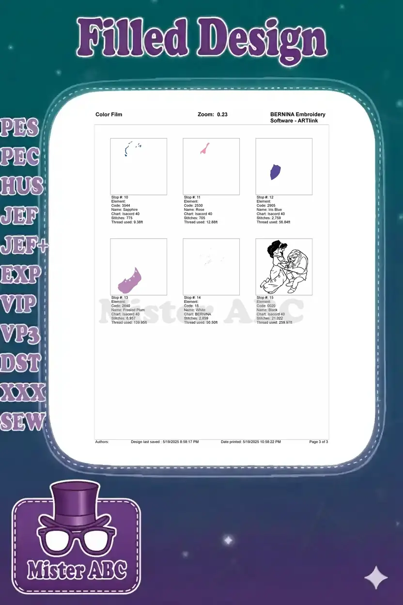 Second page of the color film for Esmeralda and Quasimodo embroidery, detailing remaining color elements.