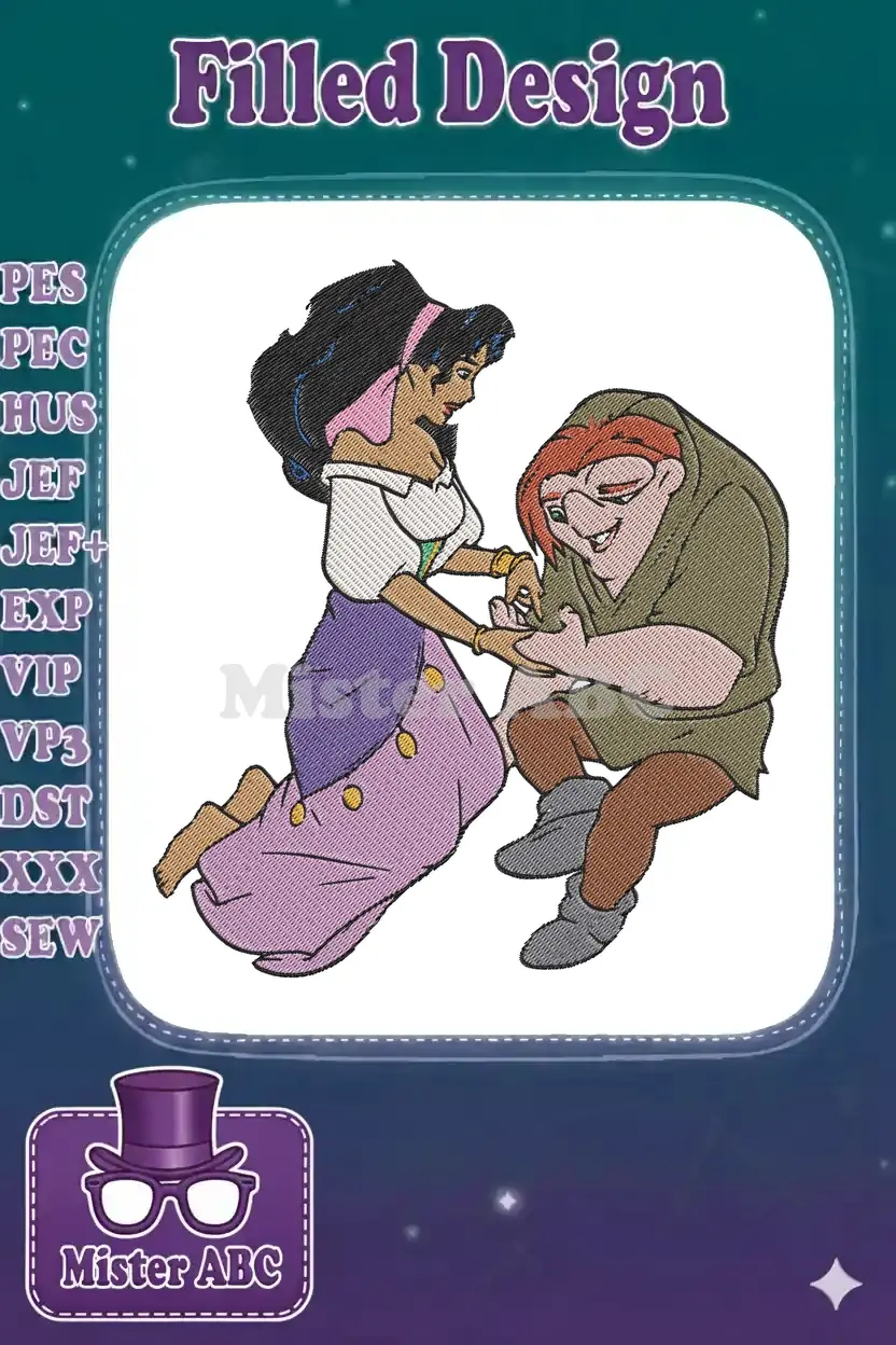 Detailed embroidery design of Esmeralda and Quasimodo, showcasing their iconic embrace with vibrant colors and rich textures.