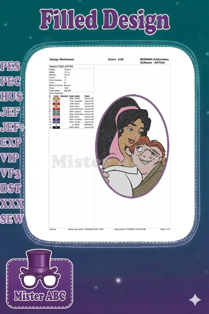 Embroidery design worksheet showing Esmeralda and Quasimodo, with stitch count, dimensions, and full color chart.