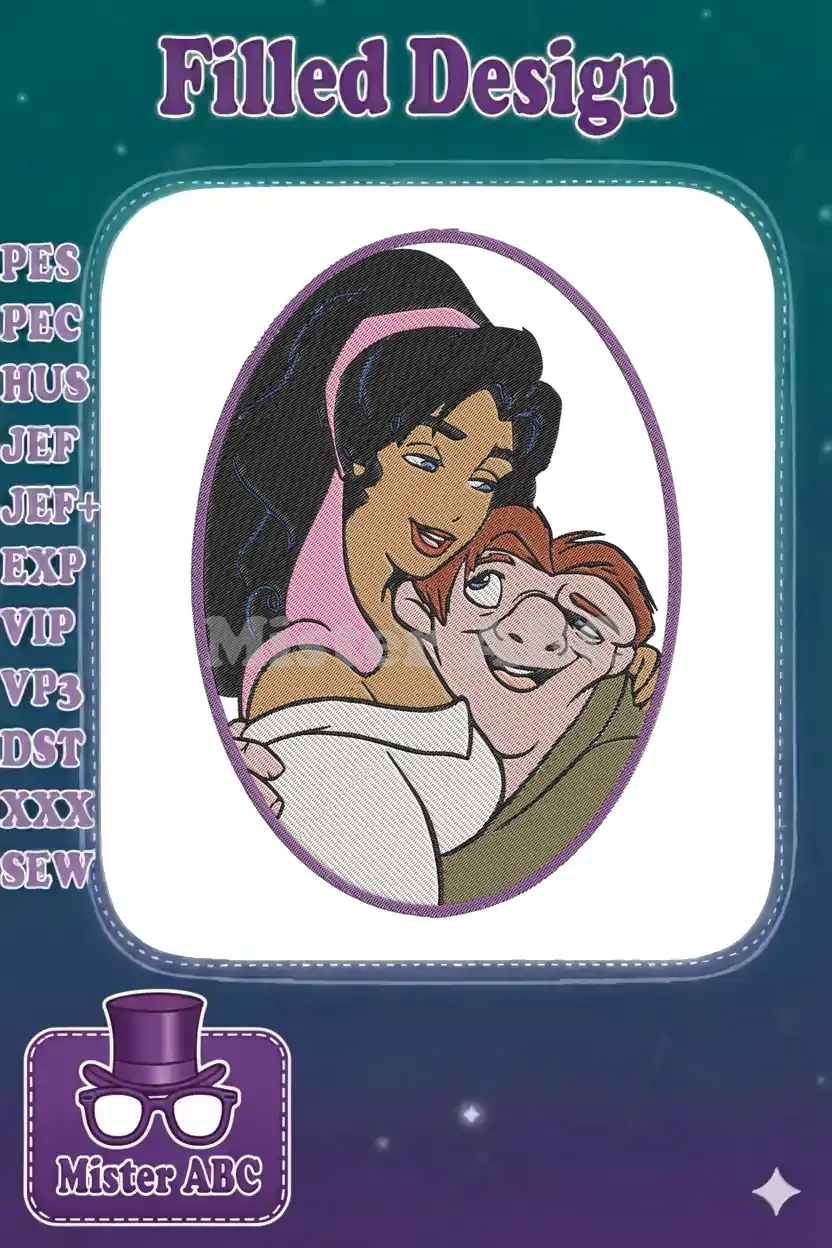 Embroidered design of Esmeralda gently embracing Quasimodo, both smiling, framed in an elegant purple oval.