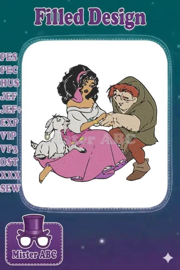 A colorful embroidery design featuring Esmeralda in a pink dress, Quasimodo, and Djali the goat, on a white background.