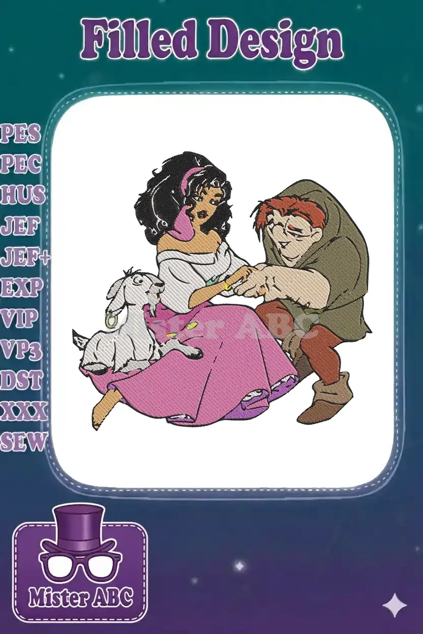 A colorful embroidery design featuring Esmeralda in a pink dress, Quasimodo, and Djali the goat, on a white background.