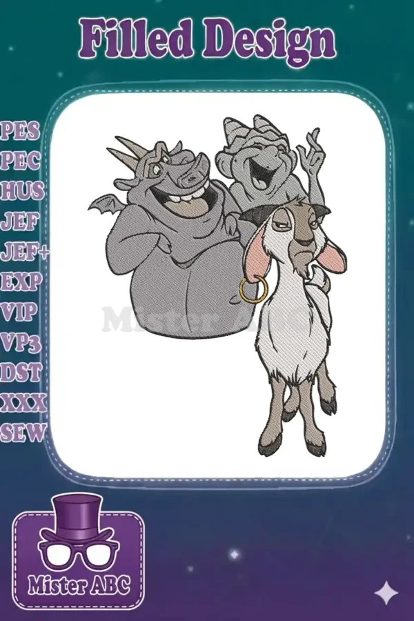 Full color embroidery design featuring the jovial gargoyles Hugo and Victor with the charming goat Djali.