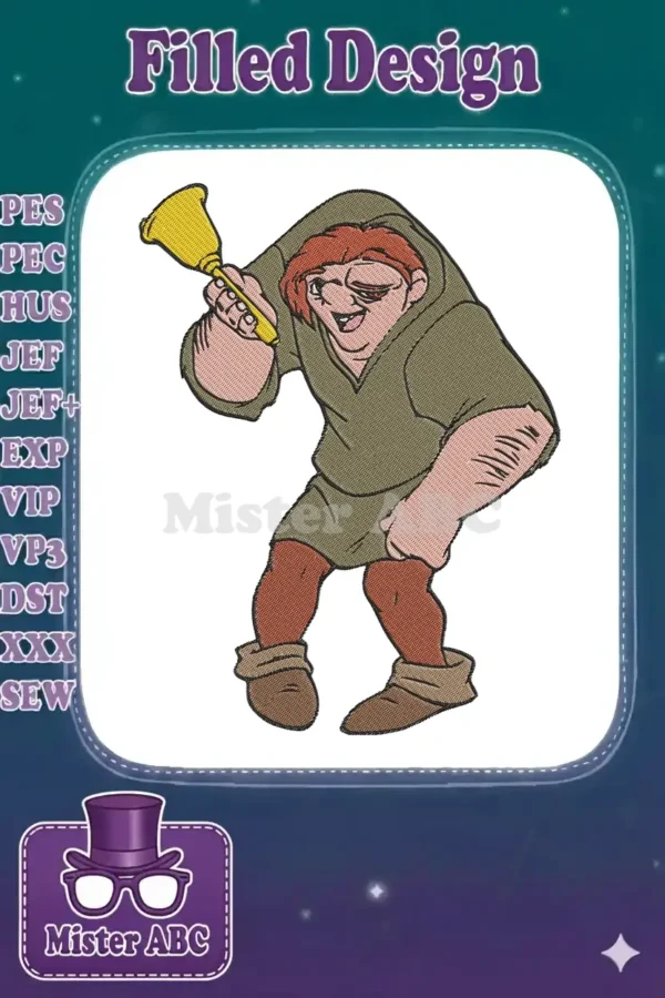 Quasimodo, the Hunchback of Notre Dame, holding a golden bell, depicted in a vibrant embroidery design.