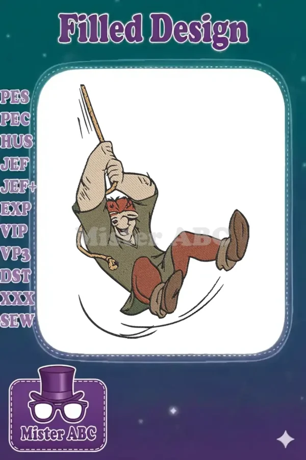 Vibrant embroidery design of Quasimodo from Disney's Hunchback of Notre Dame, mid-swing with a rope.