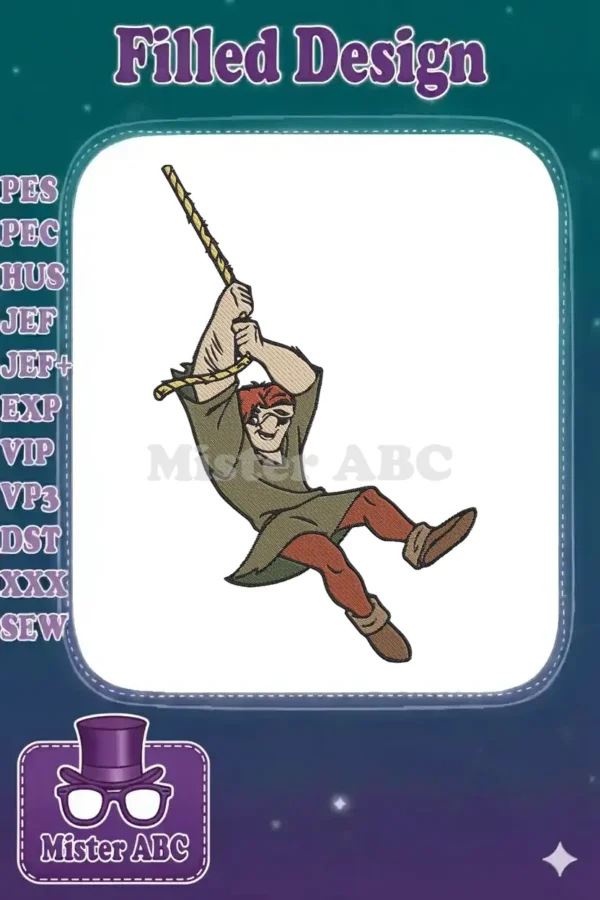 High-quality embroidery design of Quasimodo from Disney's Hunchback of Notre Dame, mid-swing on a rope, vibrant colors.