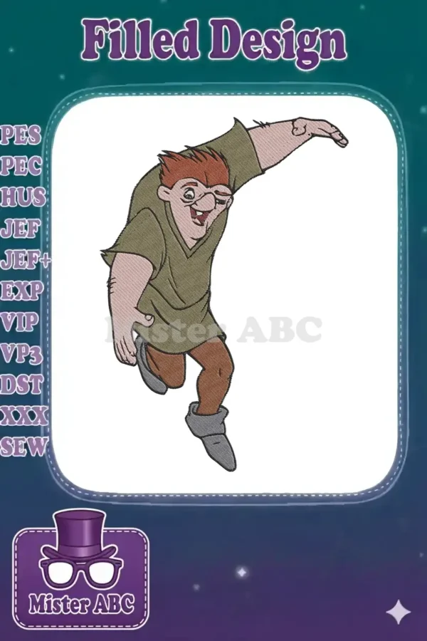 Vibrant Quasimodo embroidery design, featuring the character in a dynamic, joyful pose on a white background.
