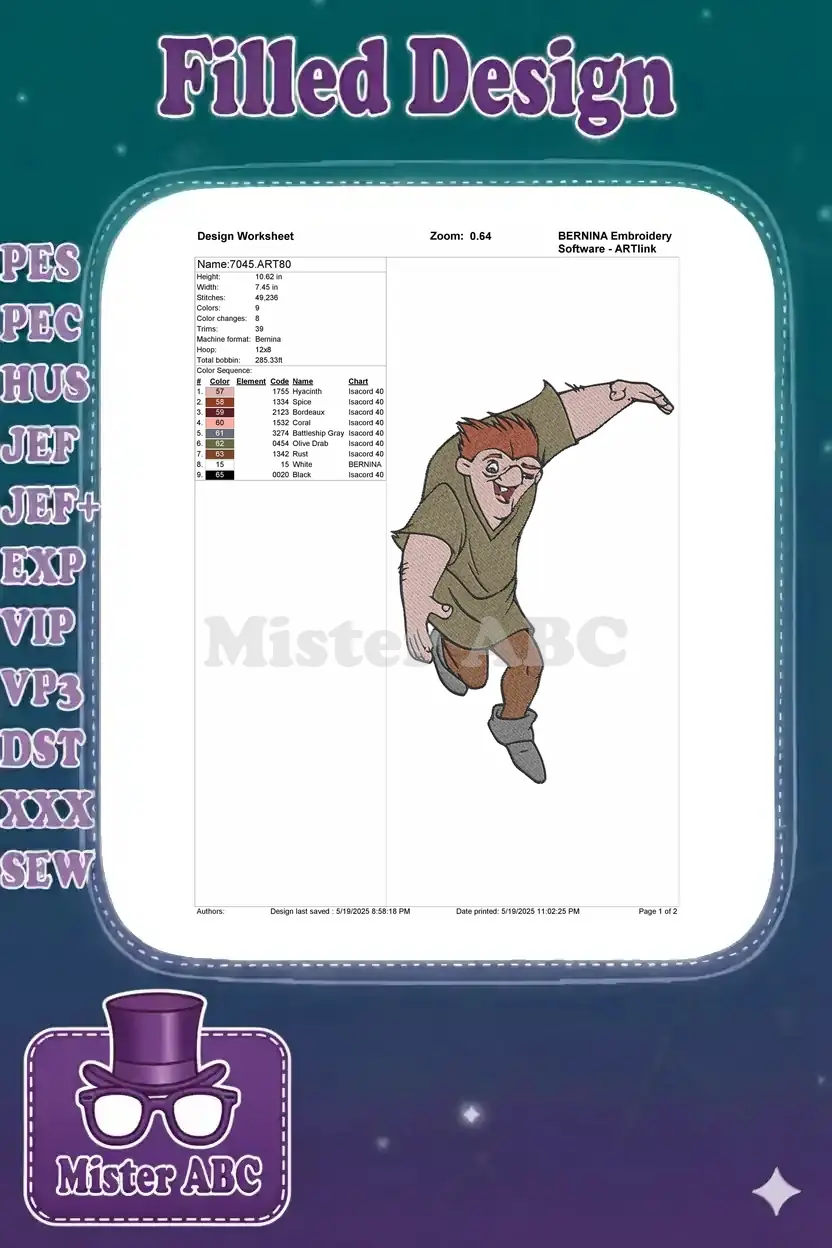 Embroidery design worksheet for Quasimodo, detailing dimensions, stitch count, color sequence, and machine info.
