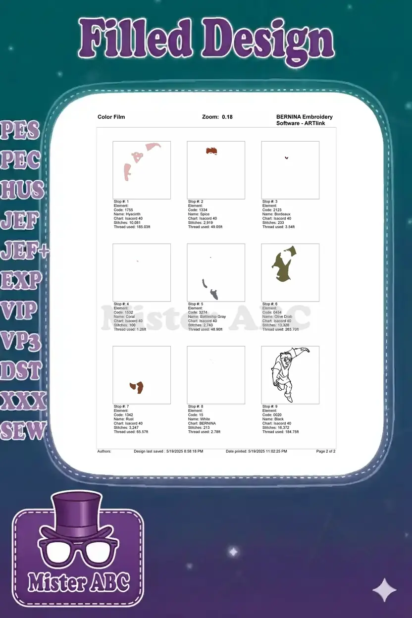 Color film breakdown for the Quasimodo embroidery design, showing each stitch stop and thread usage.