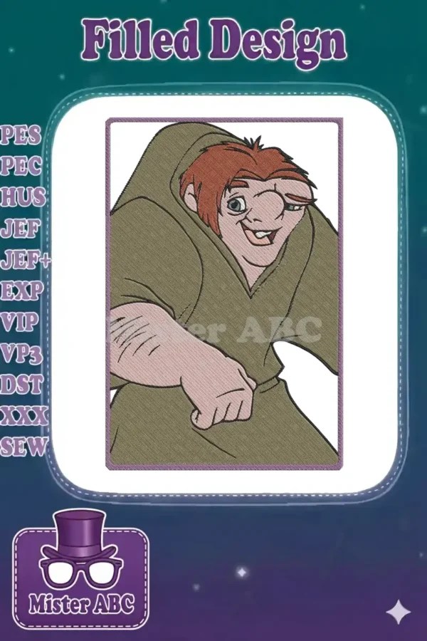 A vibrant embroidery design featuring Quasimodo from Disney's Hunchback of Notre Dame, smiling warmly.