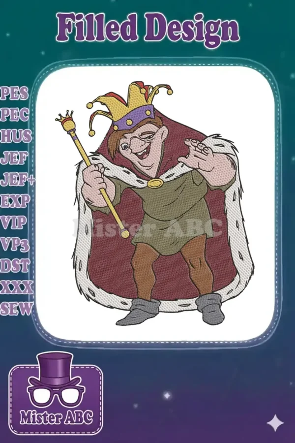 Detailed embroidery design of a jovial King of Fools character, featuring a jester's crown, royal robe, and staff.