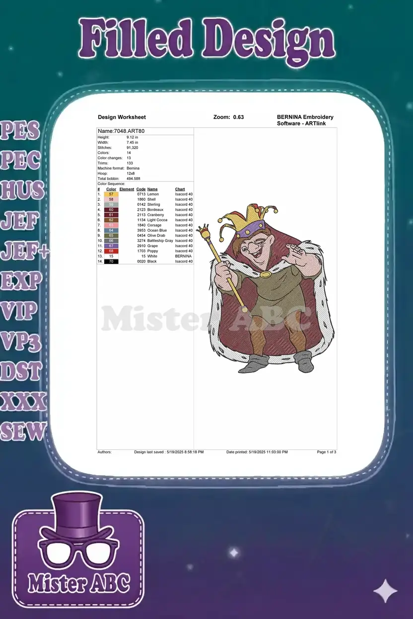 Embroidery design worksheet showing dimensions, stitch count, color chart, and a small preview of the design.