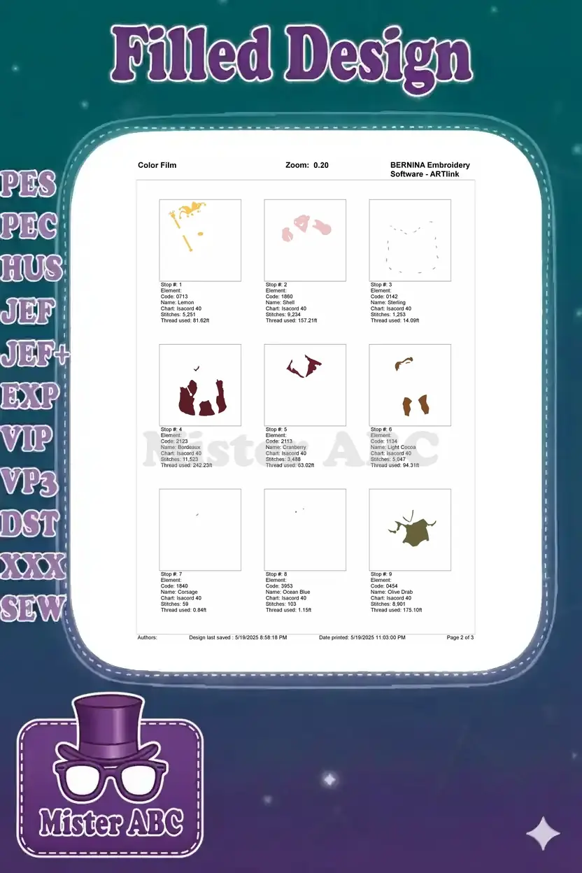 Color film breakdown of the first nine embroidery design elements, detailing thread codes and stitch counts.