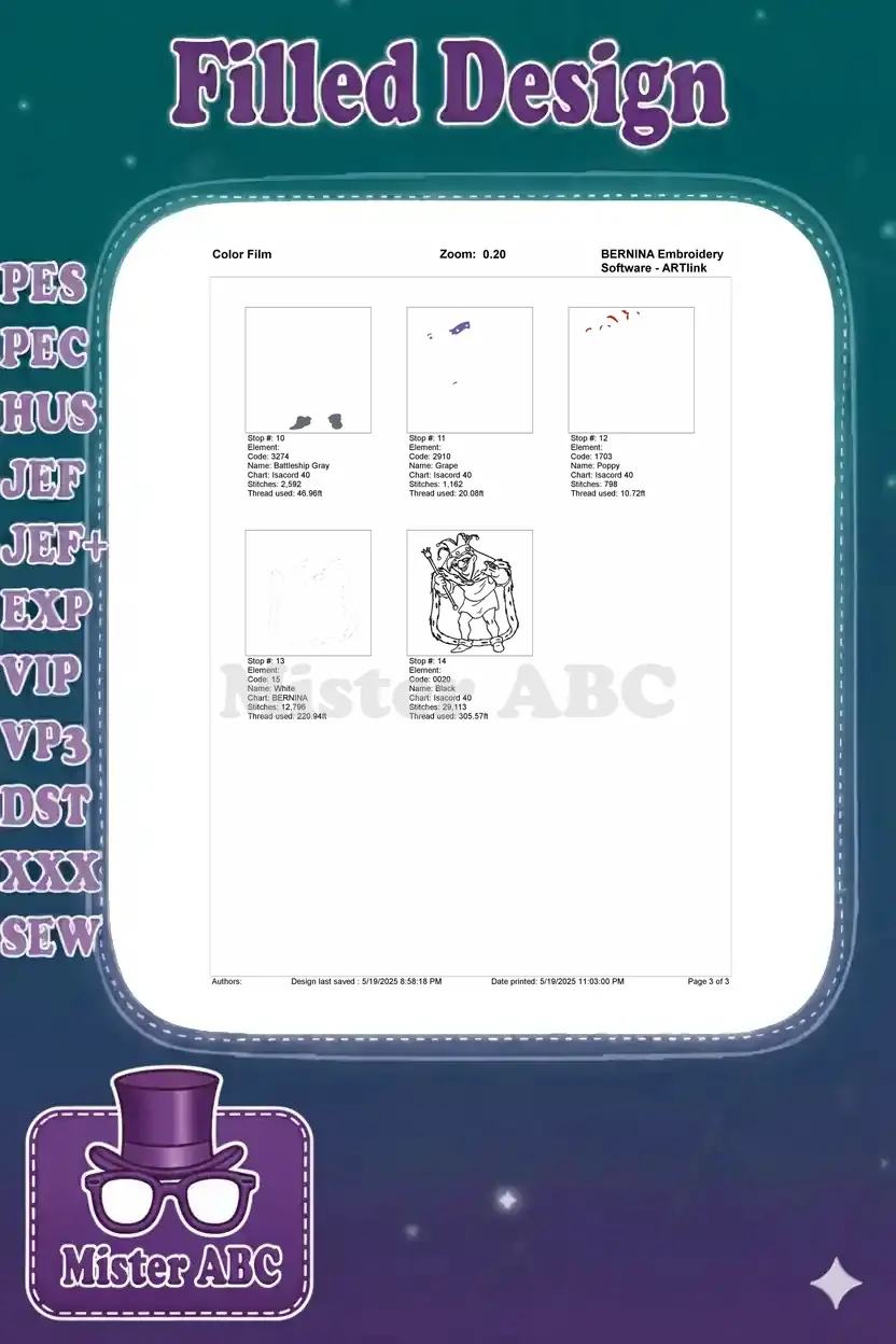 Color film breakdown of the final five embroidery design elements, including the full outline stitch.