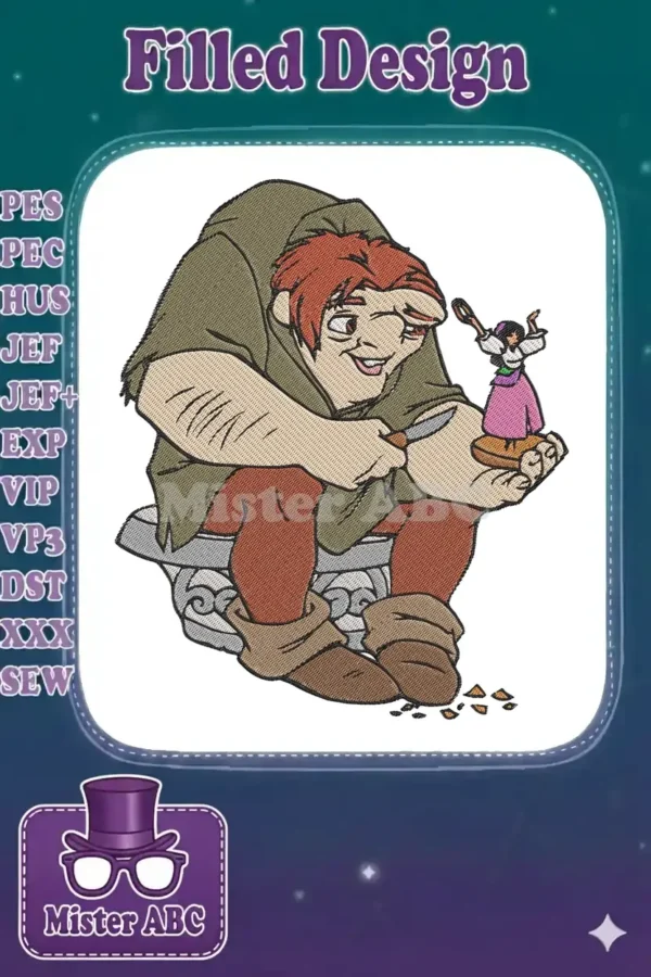 Detailed embroidery of Quasimodo, the Hunchback of Notre Dame, crafting a small Esmeralda figurine with a knife.