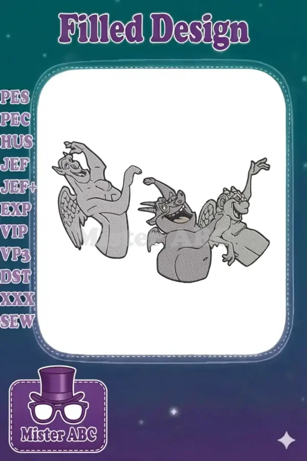 Three beloved gargoyles, Victor, Hugo, and Laverne, from Disney's Hunchback of Notre Dame, in playful poses.