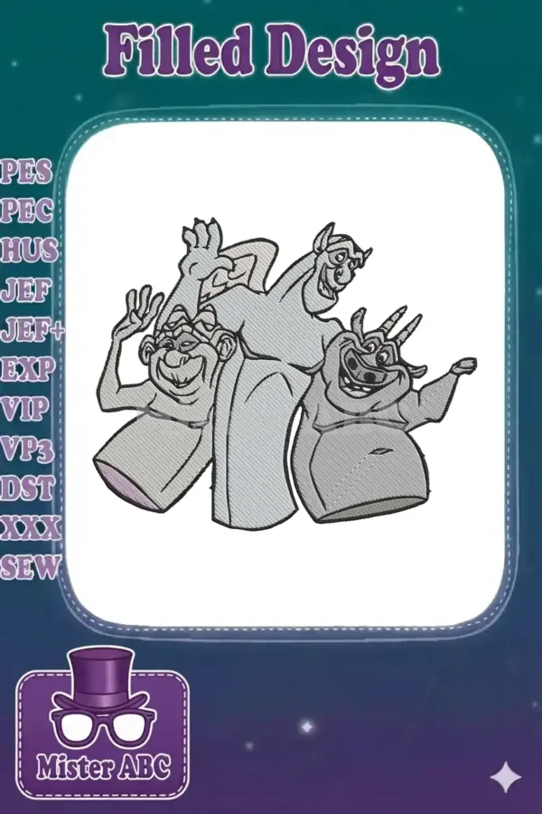 Three cheerful gargoyle characters, Hugo, Victor, and Laverne, from Disney's Hunchback of Notre Dame, in an animated embroidery design.
