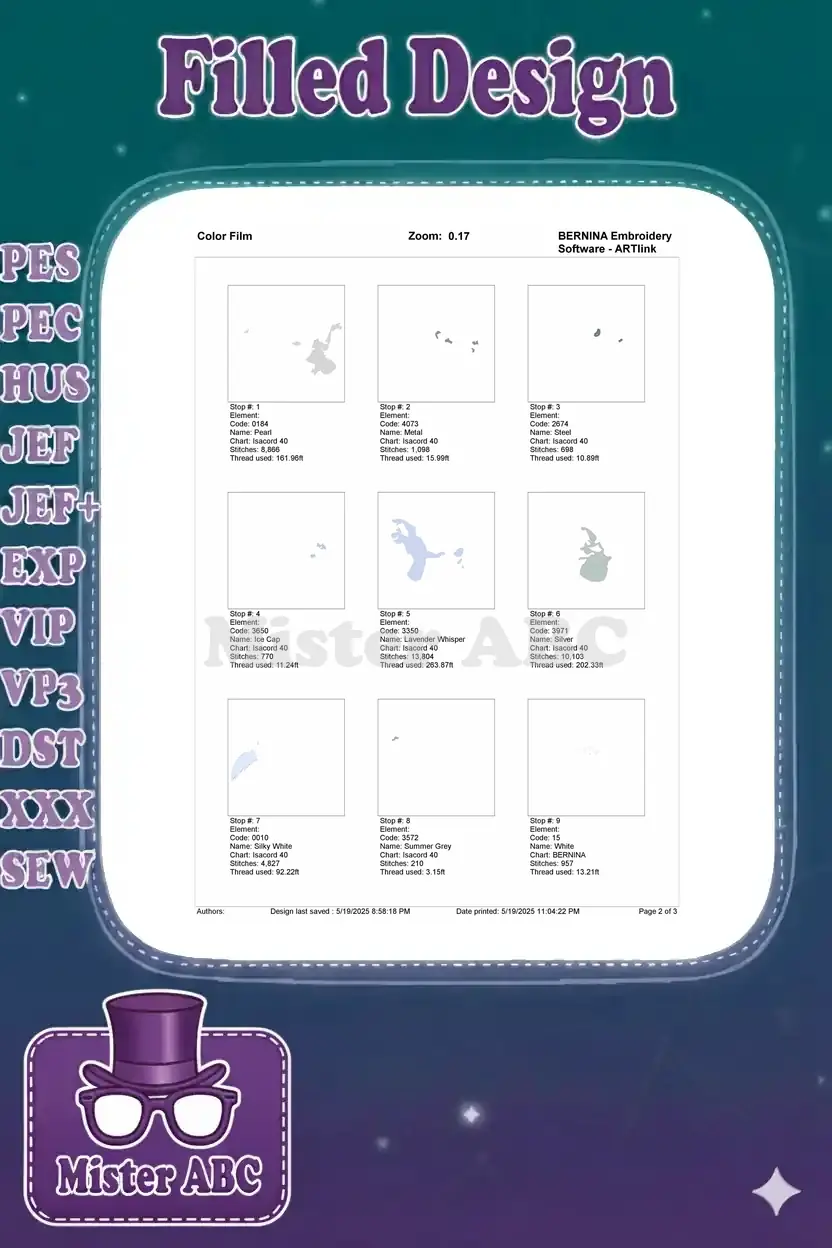 First page of the color film for the gargoyle embroidery, detailing the initial thread stops and stitch paths.