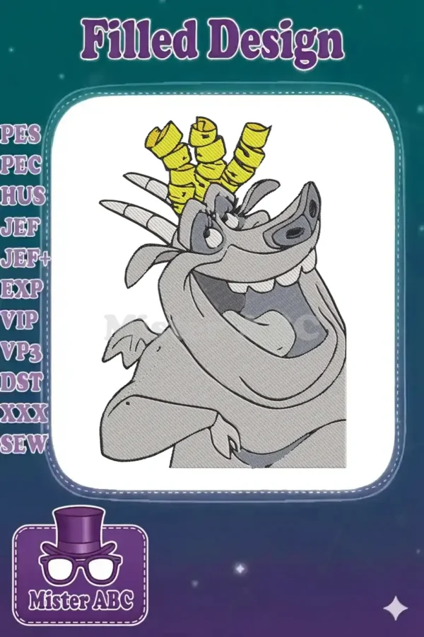 Close-up of a happy Pumbaa embroidery design, featuring his iconic tusks, a wide smile, and a yellow lei.