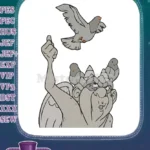 Charming Stone Gargoyle with Pigeons and Flying Bird Embroidery Designs - Instant Download