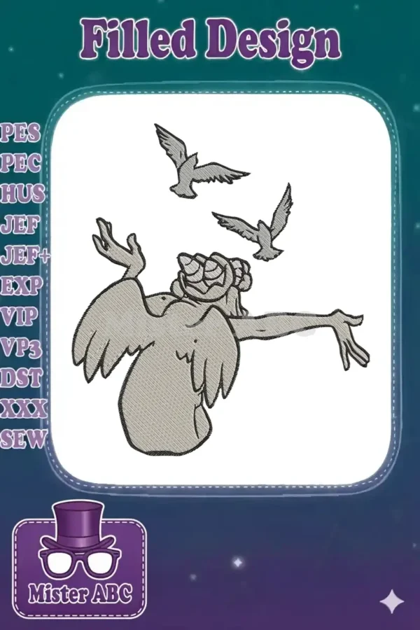 A majestic embroidery of a stone-like winged figure with outstretched arms, three birds soaring above, on a white background.