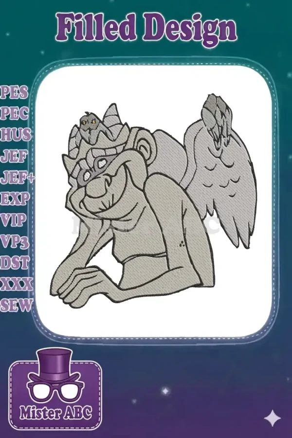 Stunning embroidery of a charming gargoyle, possibly Hugo, resting his head on his hand with a gentle smile.
