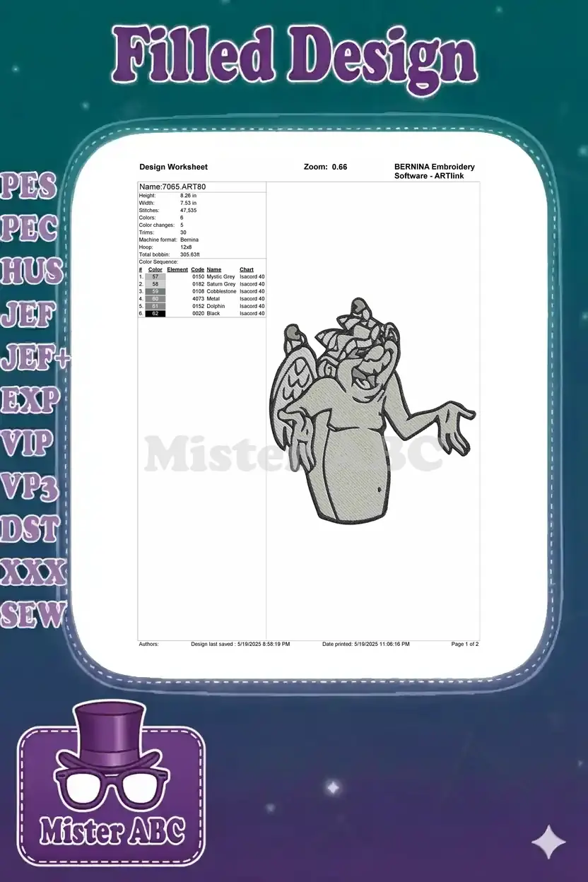 Embroidery design worksheet for the gargoyle, showing dimensions, stitch count, color chart, and machine details.