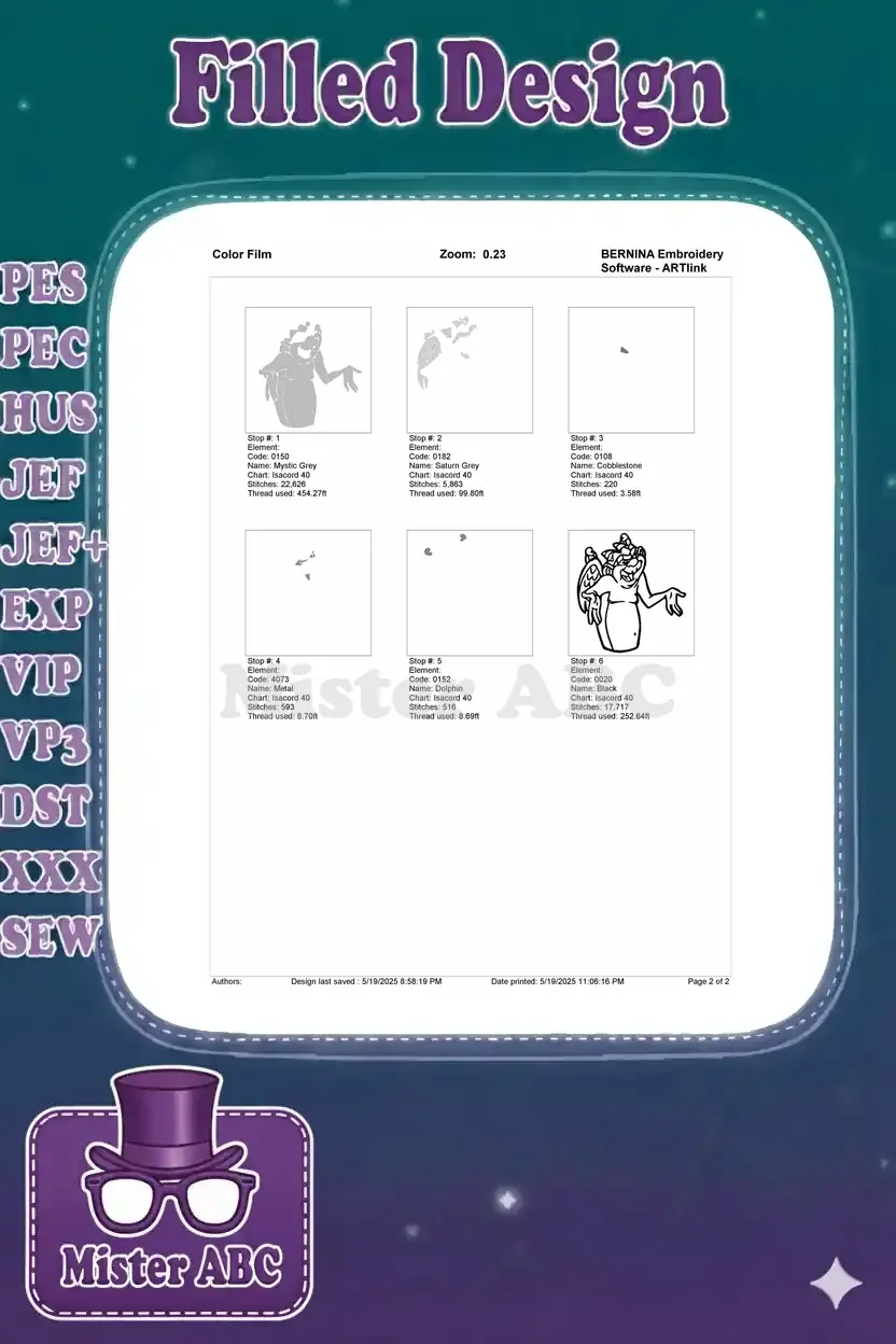 Color film breakdown for the gargoyle embroidery, illustrating each stitch stop and thread usage per color.