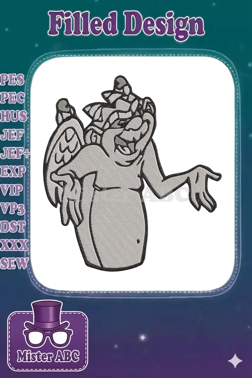 Close-up of a whimsical grey gargoyle embroidery design with outstretched arms and detailed fill and satin stitches.