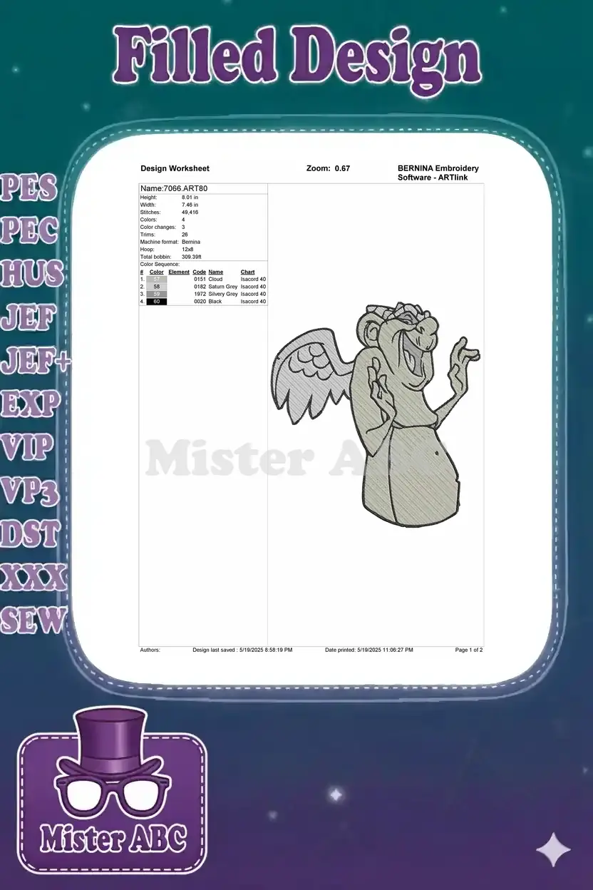 Embroidery design worksheet for Victor the Gargoyle, detailing dimensions, stitch count, colors, and machine format.