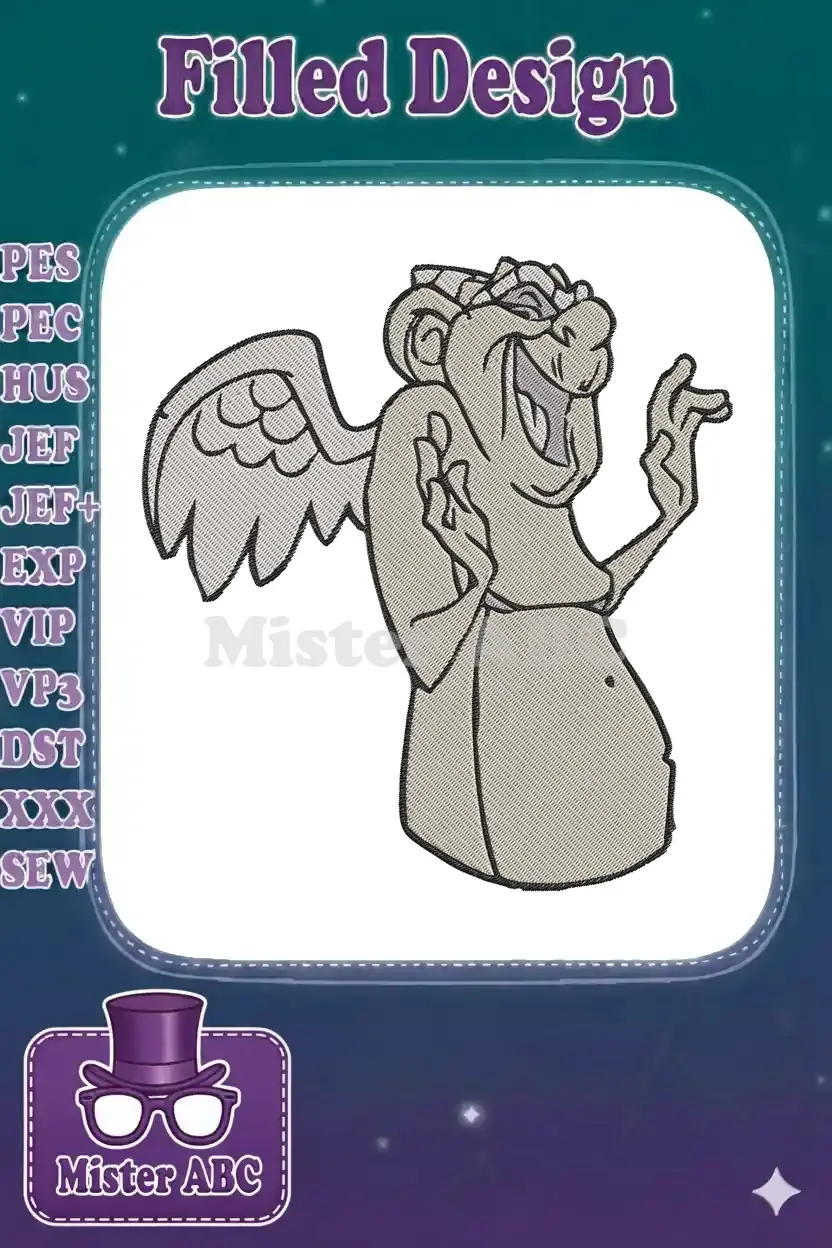 A detailed embroidery design of Victor the Gargoyle, from Disney's Hunchback of Notre Dame, with a humorous expression.