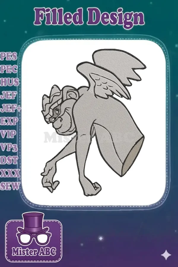 Dynamic embroidery design of Goliath from Disney's Gargoyles, featuring grey tones and bold black outlines.