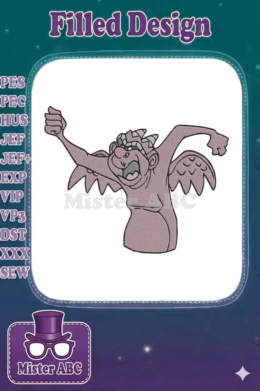 Detailed embroidery design of a shouting gargoyle with wings and a spiky crown, depicted in a unique dusty rose hue.