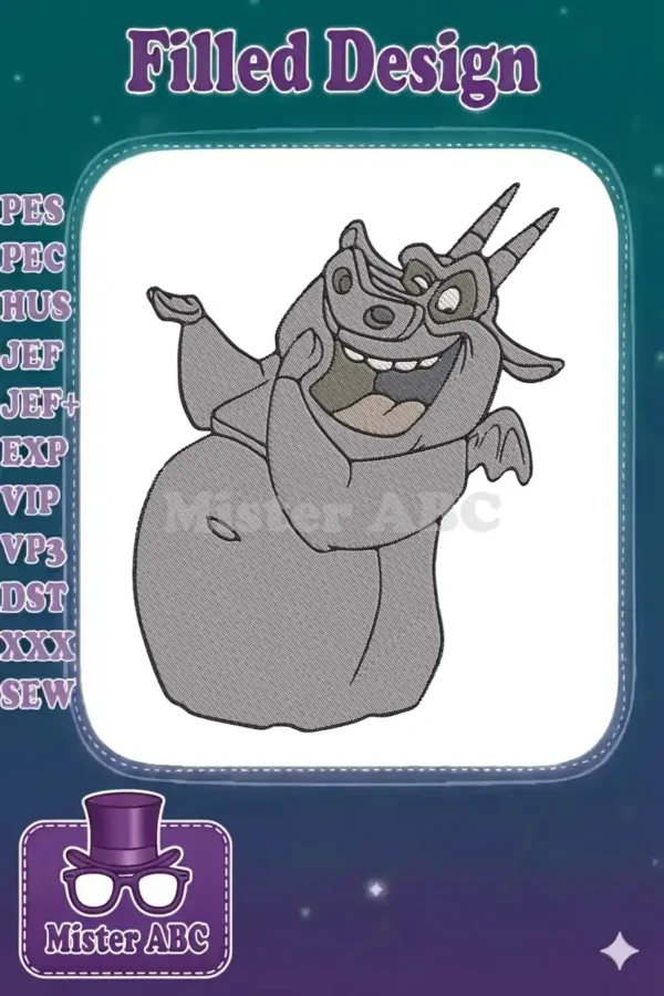 Close-up of a detailed Hugo the Gargoyle embroidery design, laughing joyfully, perfect for Disney enthusiasts.