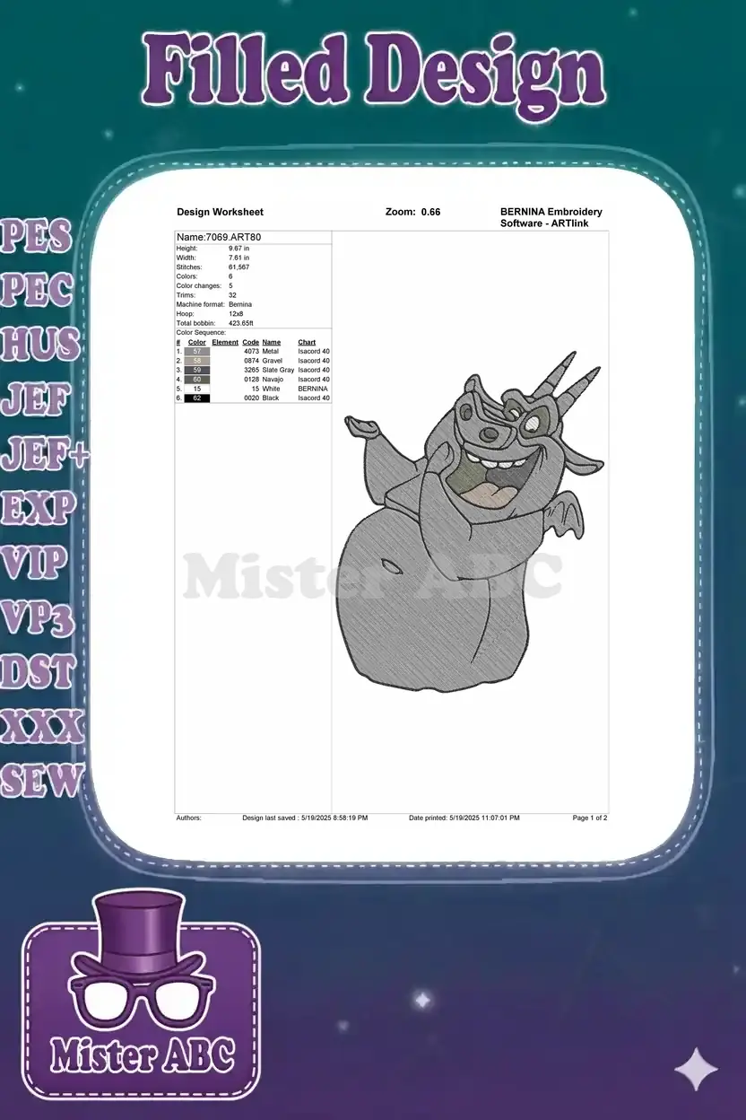 Embroidery design worksheet for Hugo the Gargoyle, showing dimensions, stitch count, and color chart.