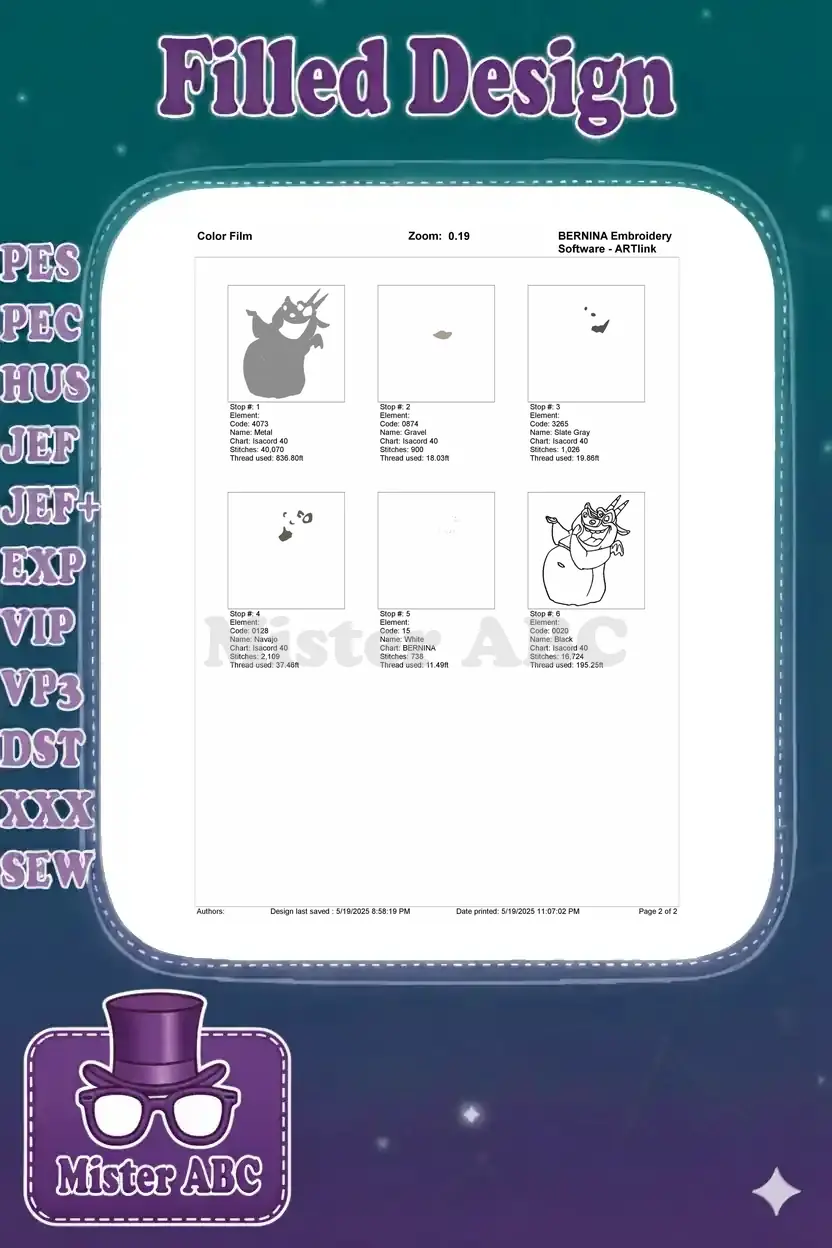 Color film sequence showing the stitch-by-stitch build-up of the Hugo the Gargoyle embroidery design.