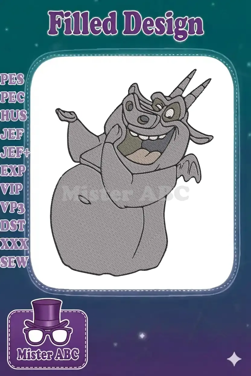 Close-up of a detailed Hugo the Gargoyle embroidery design, laughing joyfully, perfect for Disney enthusiasts.
