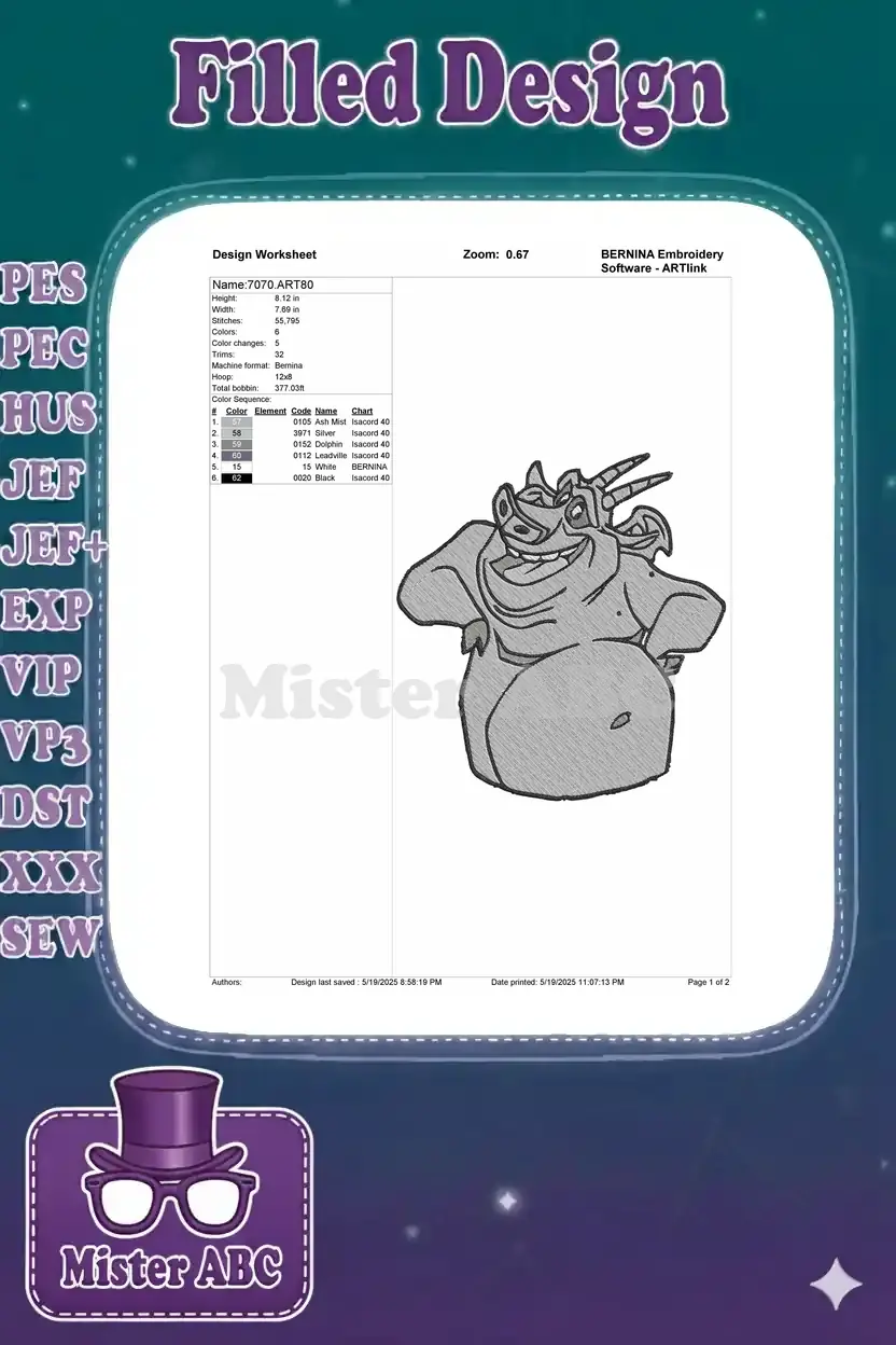 Detailed embroidery design worksheet for the rhinoceros, showing dimensions, stitch count, colors, and thread.